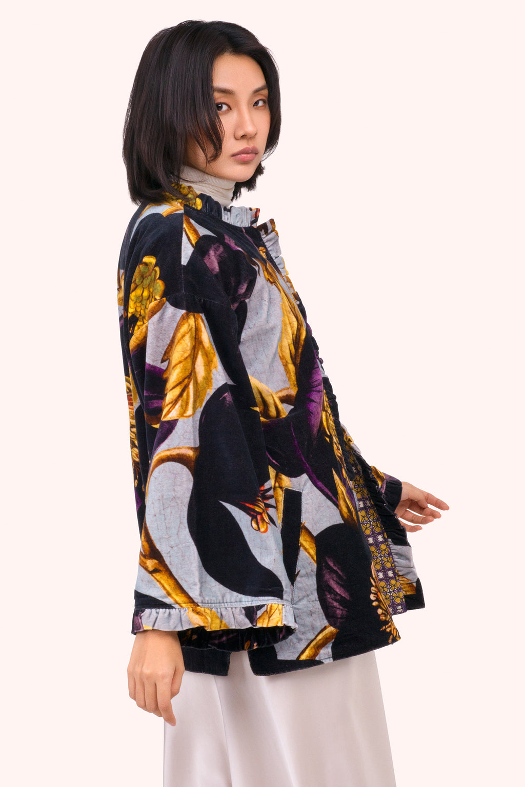 Powder Hellebore Navy Velvet Jacket SVJ5, worn three quarter view