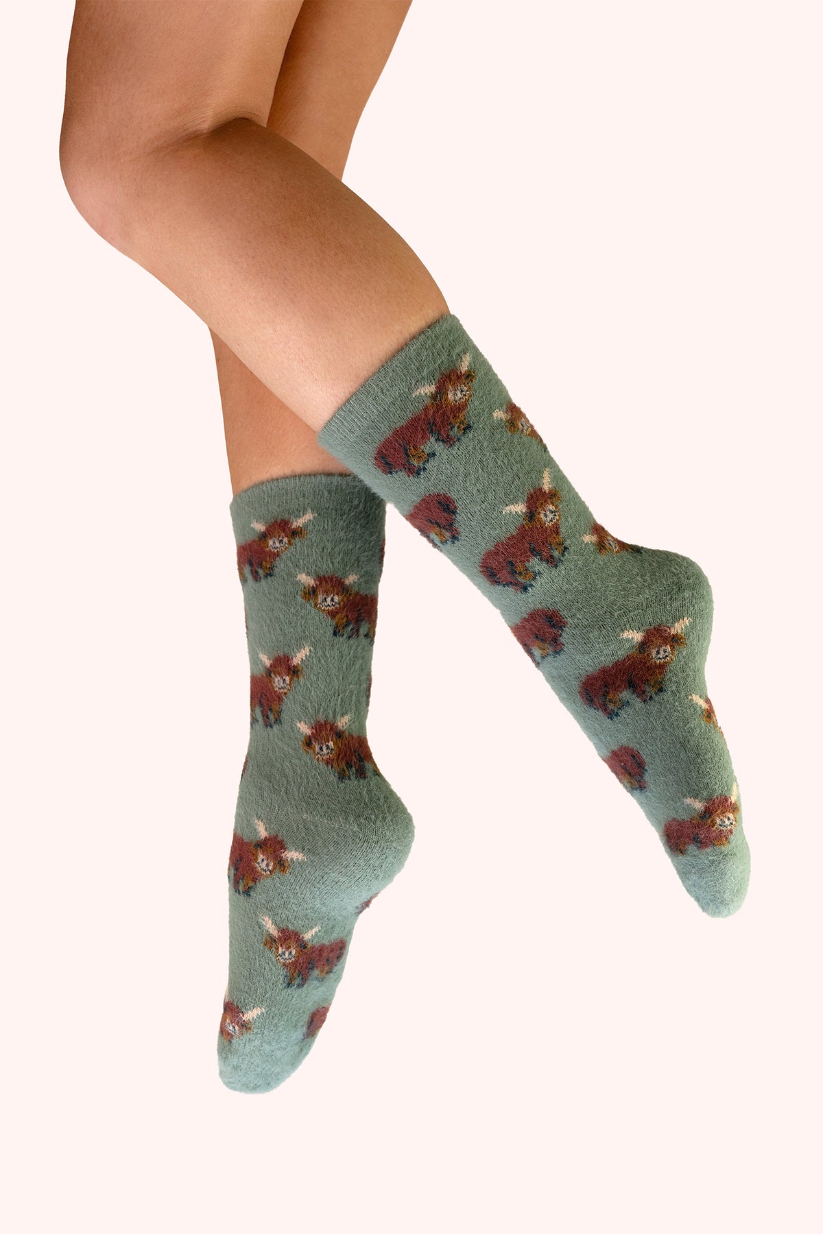 Powder Highland Cow Green Fuzzy Socks SOC822, worn view