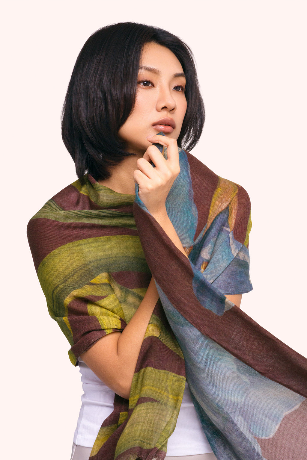 Powder Iris Multicolour Wool Mix Scarf WWS8, worn view