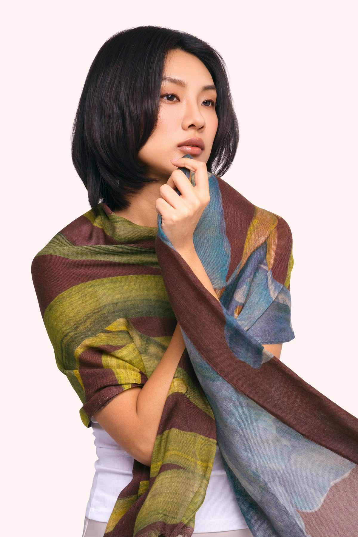 Powder Iris Multicolour Wool Mix Scarf WWS8, worn view