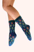 Powder Leaves Blue Cosy Socks SOC819, worn view