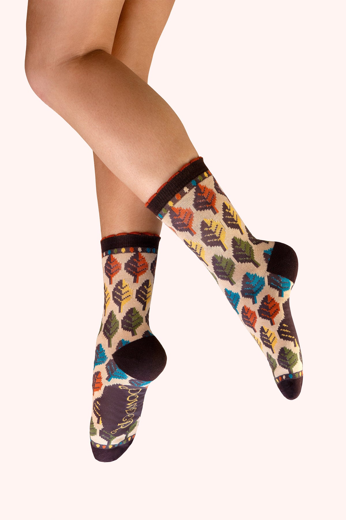 Powder Leaves Multicolour Ankle Socks SOC810, worn view
