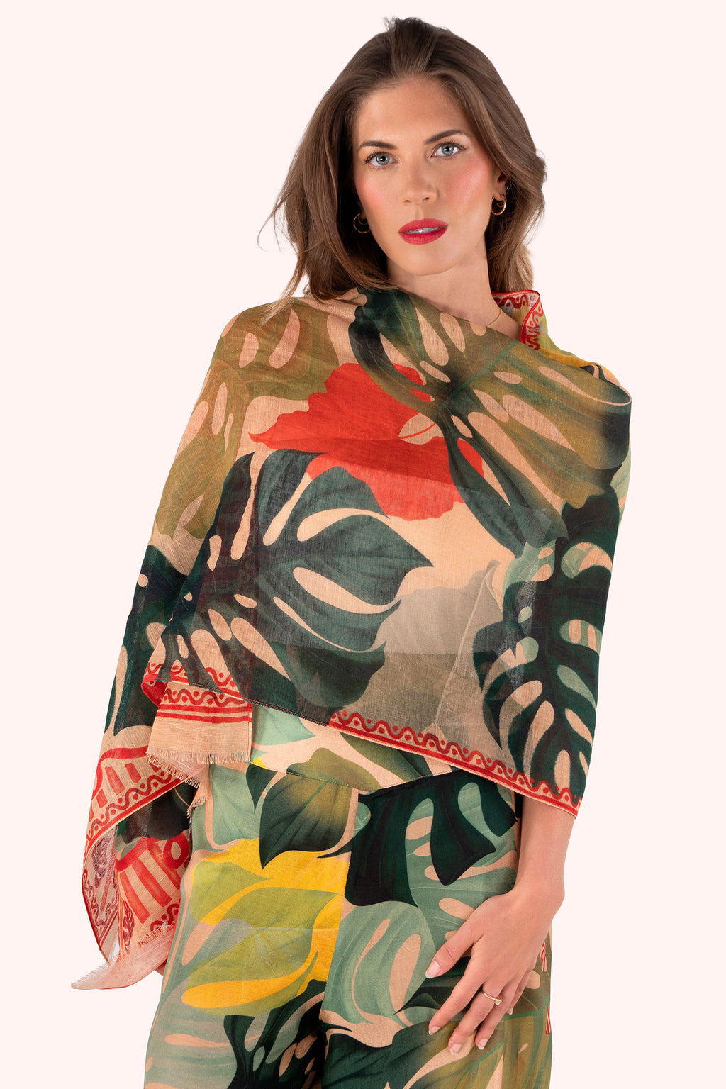 Powder LIN38 Exotic Leaves Linen Cotton Scarf