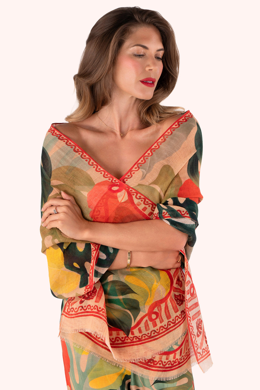 Powder LIN38 Exotic Leaves Linen Cotton Scarf