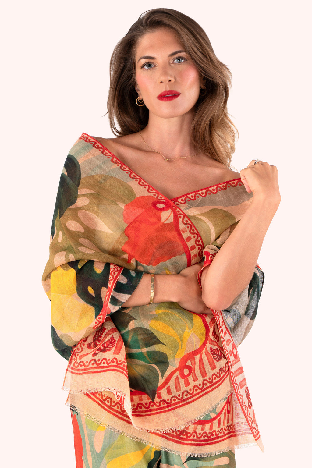 Powder LIN38 Exotic Leaves Linen Cotton Scarf