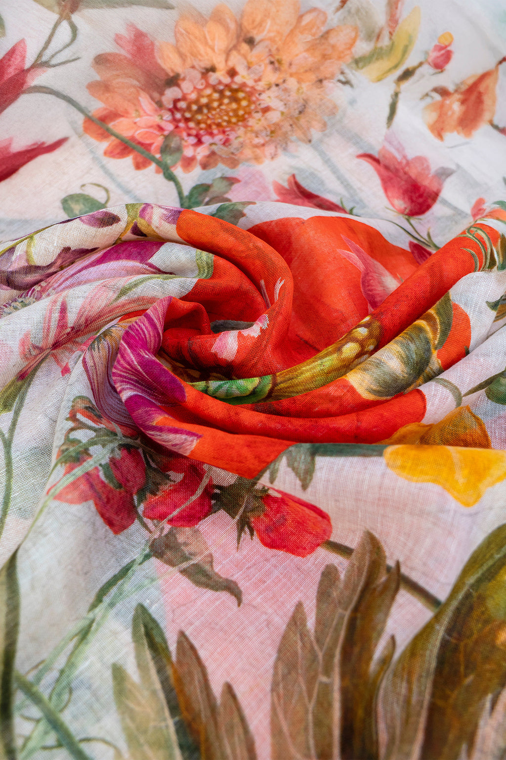 Powder LIN40 Fine Flowers Linen Cotton Scarf