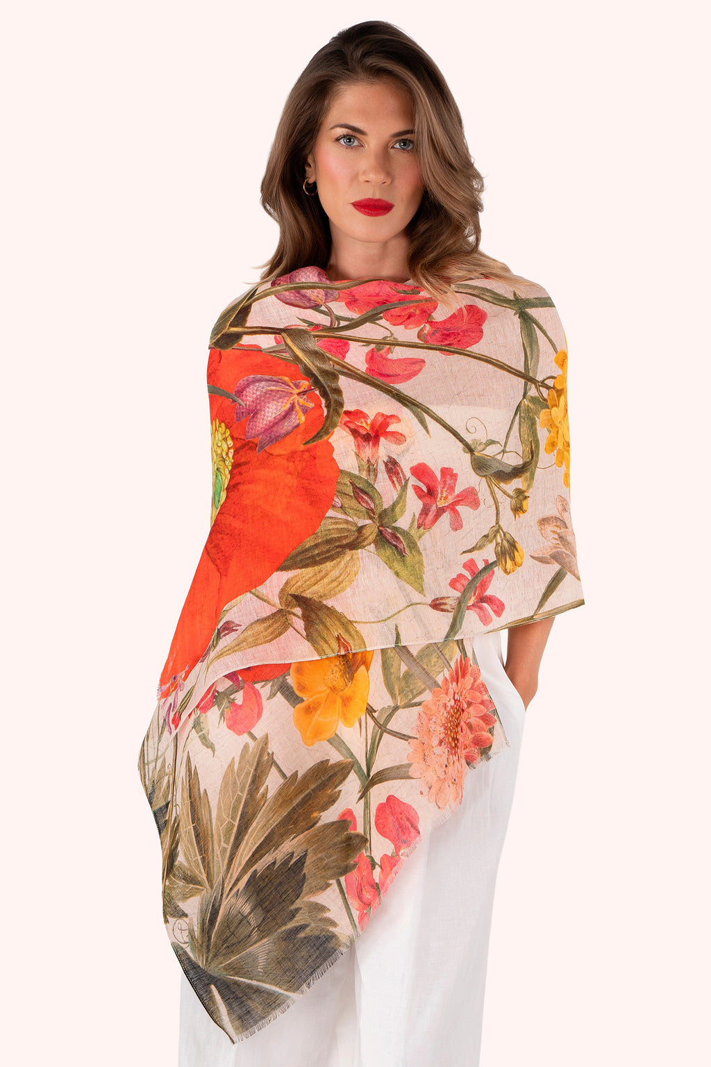 Powder LIN40 Fine Flowers Linen Cotton Scarf