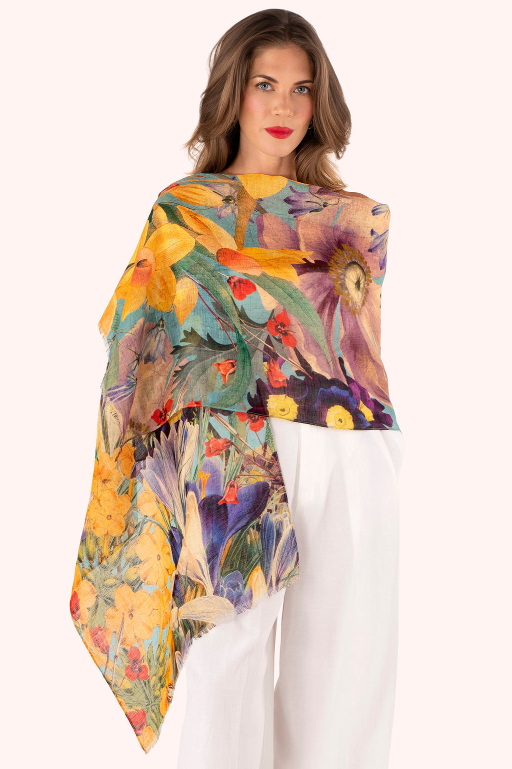 Powder LIN42 Spring Flora Linen Cotton Scarf