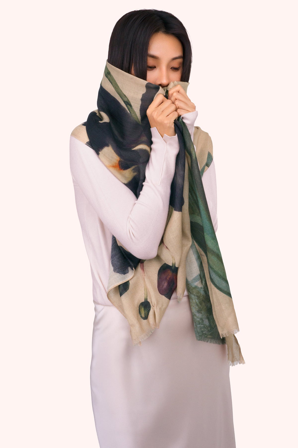 Powder Midnight Orchid Multicolour Wool Mix Scarf WWS9, worn view