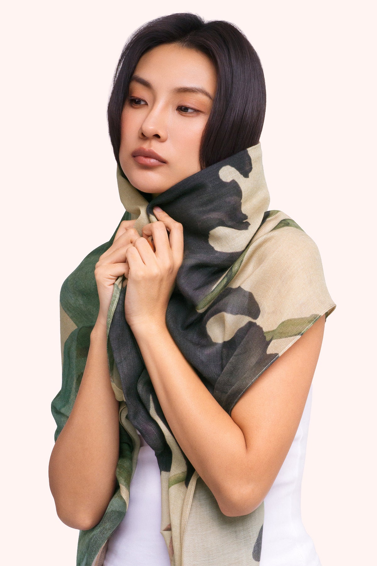 Powder Midnight Orchid Multicolour Wool Mix Scarf WWS9, worn draped view
