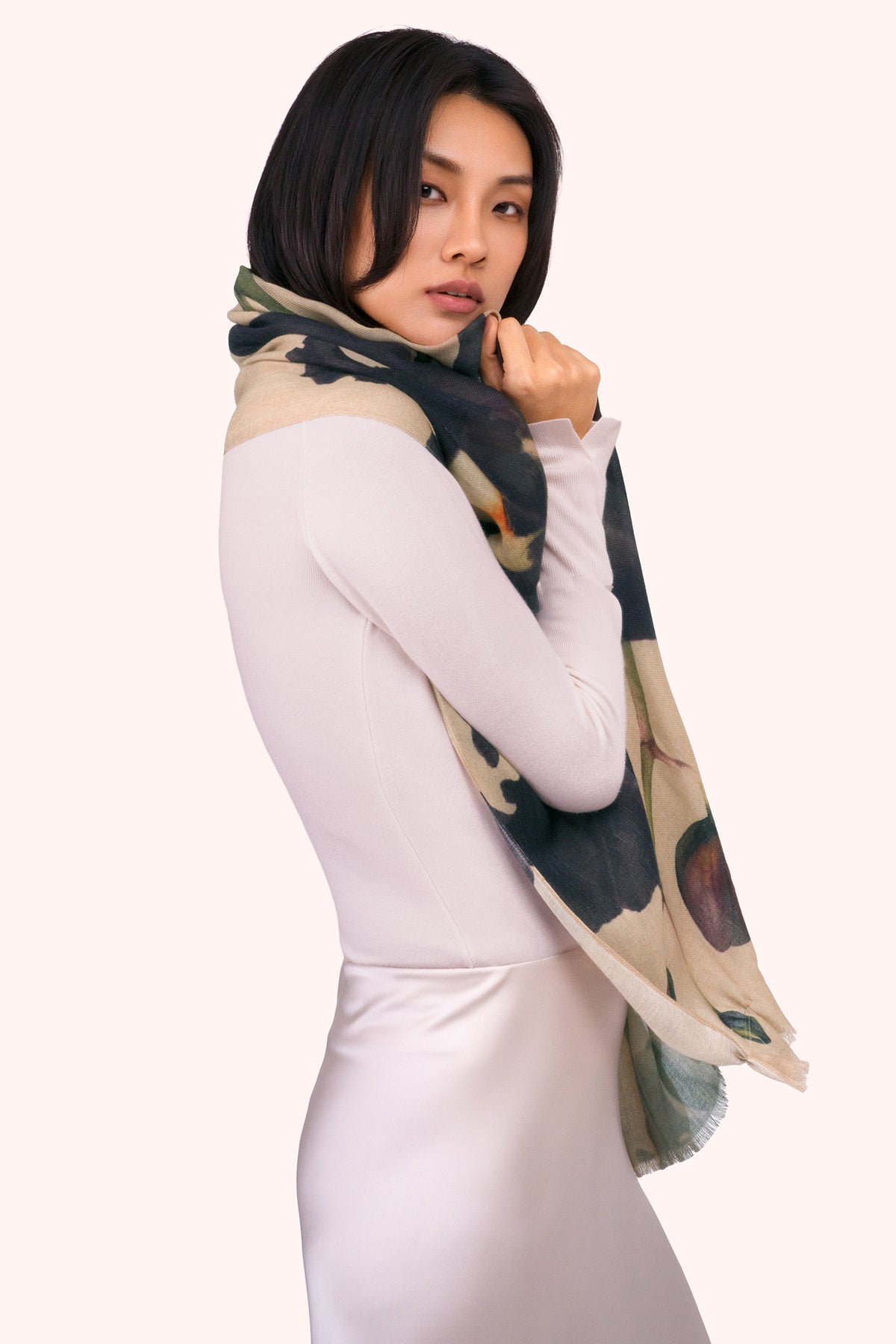 Powder Midnight Orchid Multicolour Wool Mix Scarf WWS9, worn side view