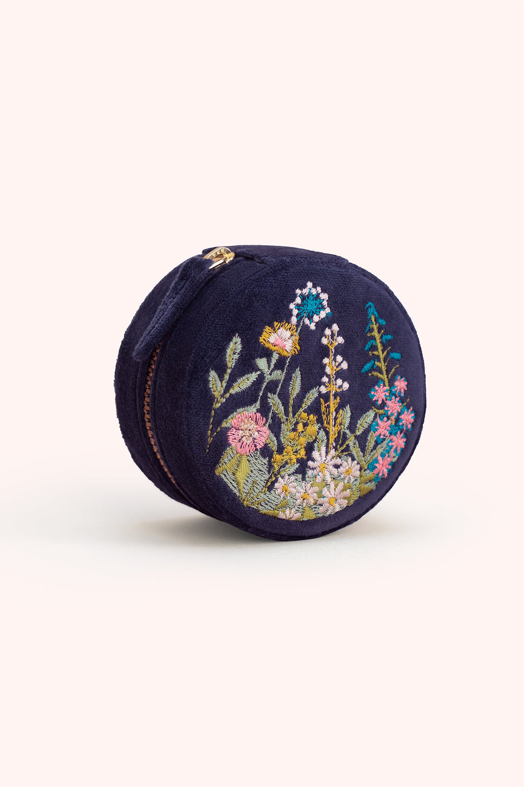 Powder Navy Floral Hedgerow Jewellery Box RJBX9, embroidery detail