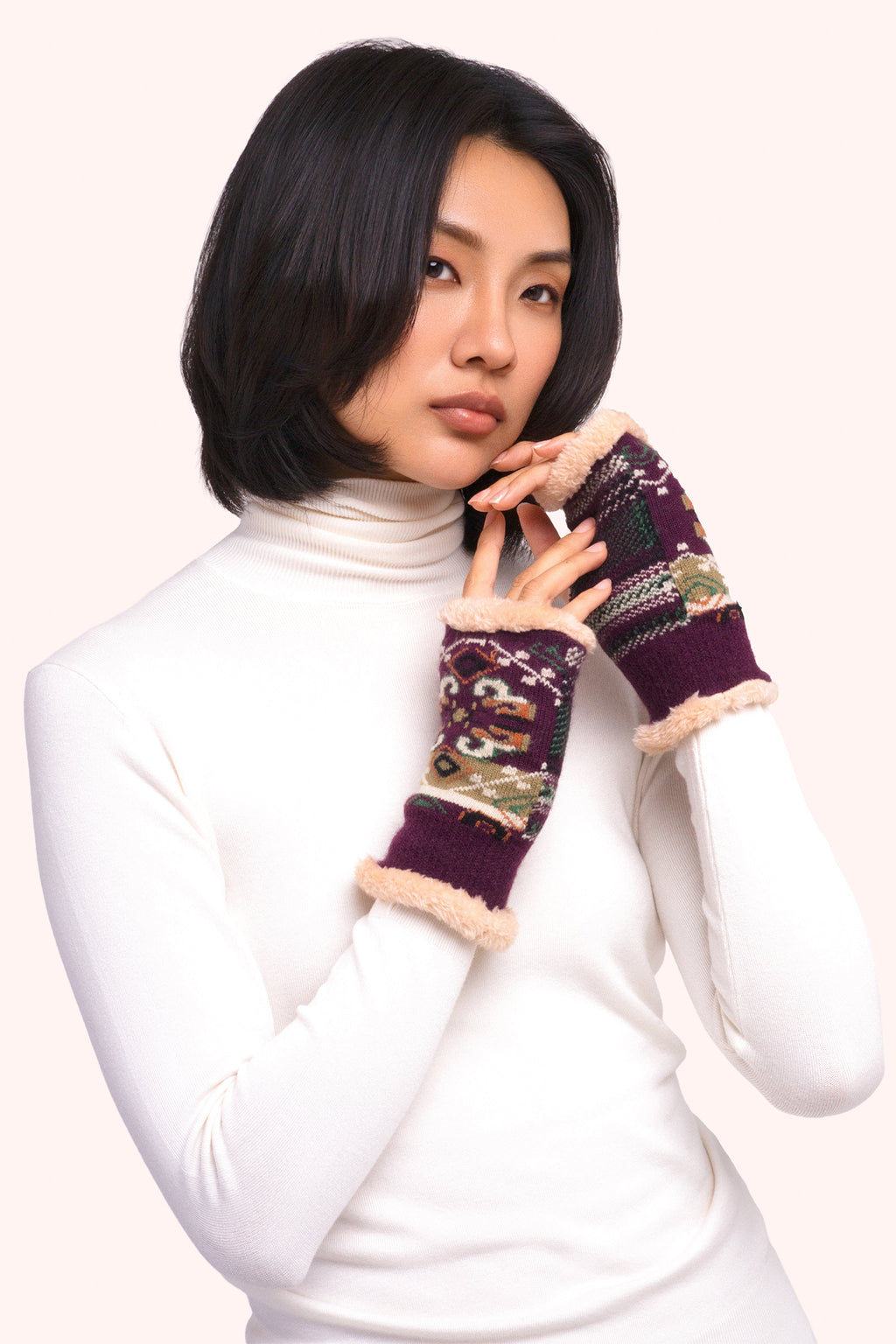 Powder Scandi Cosy Damson Purple Wrist Warmers COS147, worn view