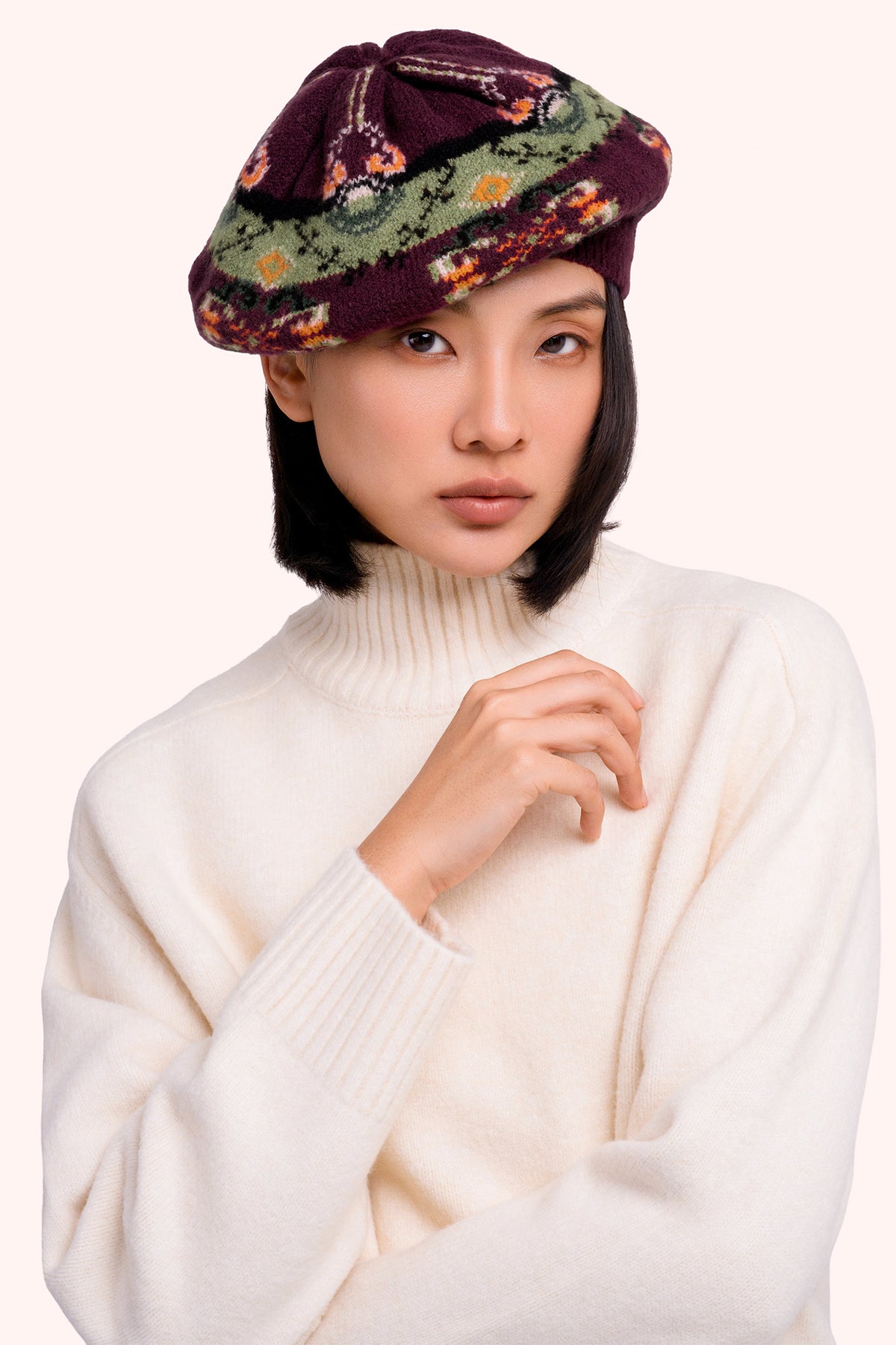 Powder Scandi Damson Mix Purple Beret BER9, worn view