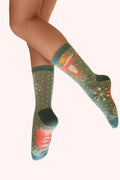 Powder Skiing Mouse Green Ankle Socks SOC829, worn view