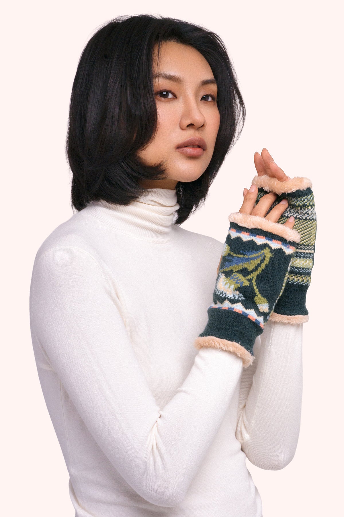 Powder Thistle Navy Wrist Warmers COS152, worn view