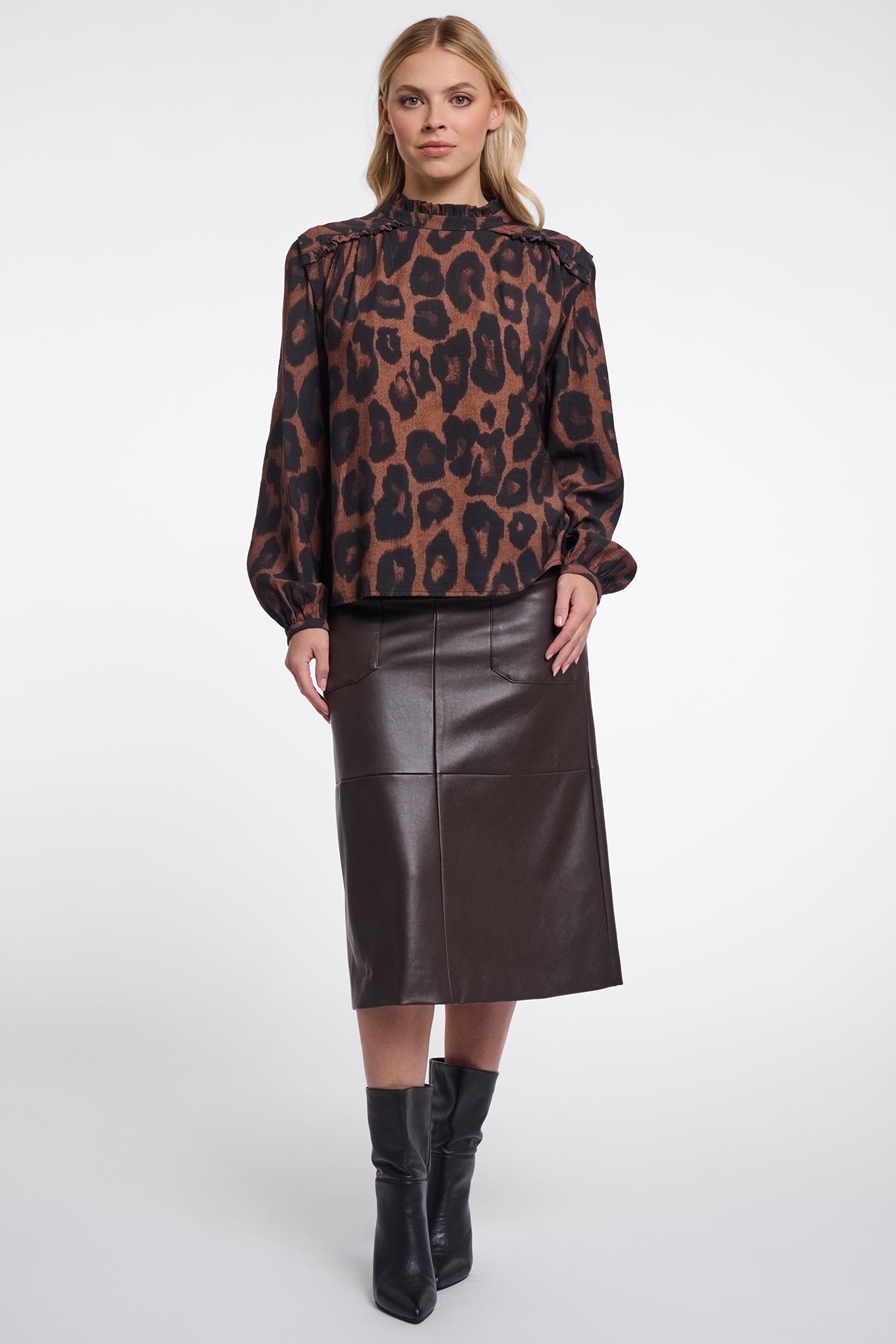 Rino and Pelle Jans brown leopard ruffle blouse at OSO Boutique