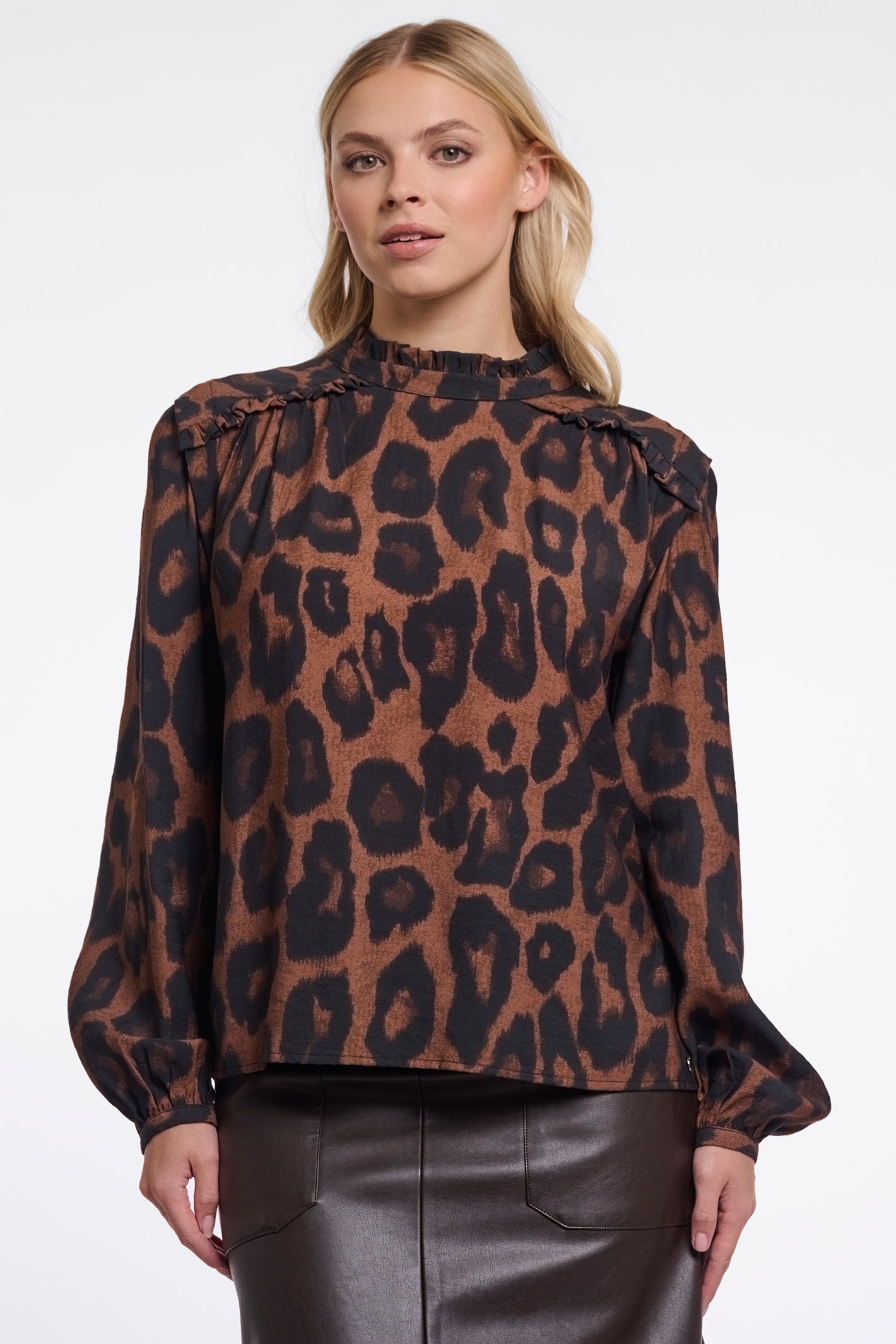 Rino and Pelle Jans brown leopard ruffle blouse at OSO Boutique