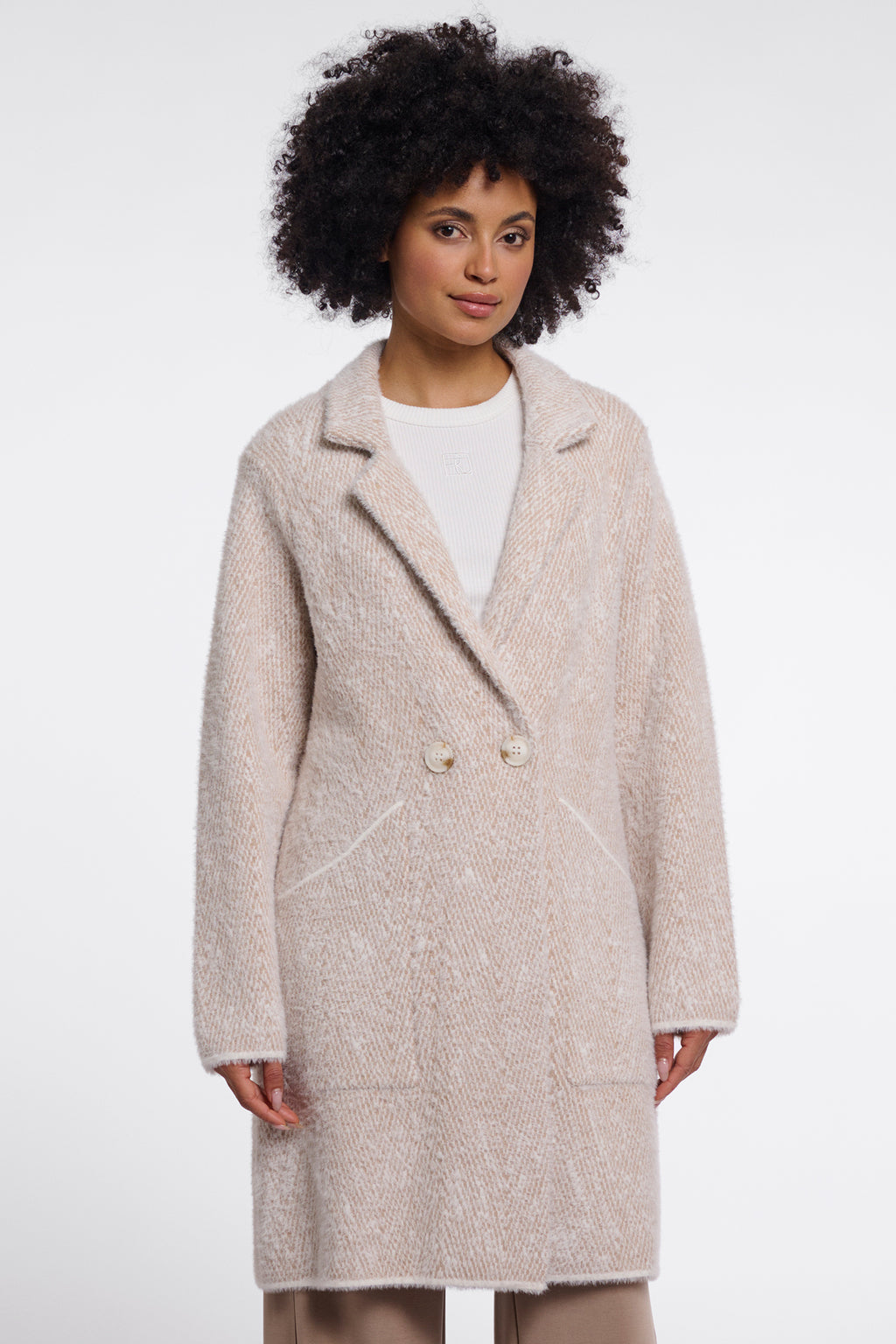 Rino and Pelle Madina beige herringbone long coat at OSO Boutique