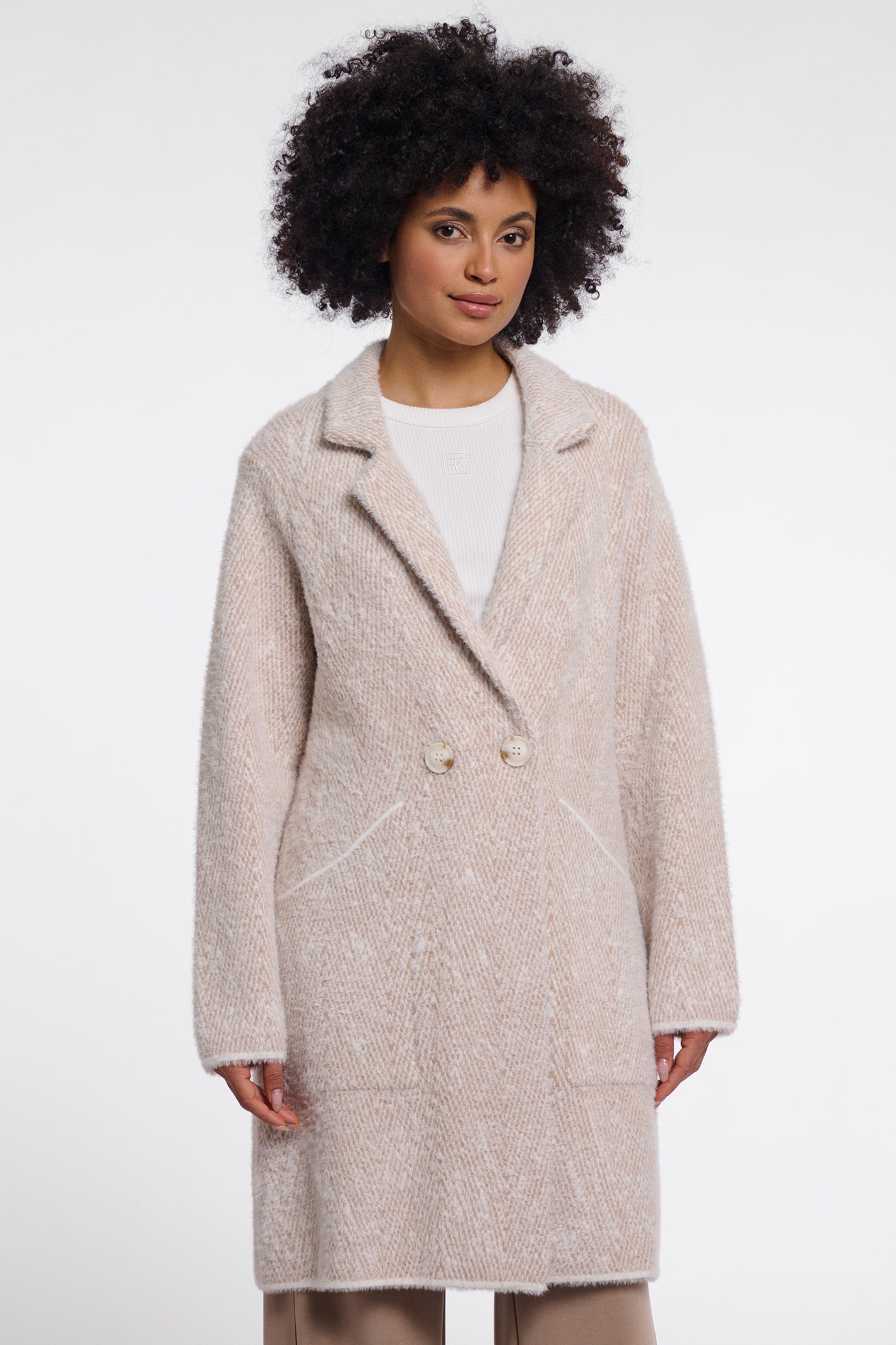 Rino and Pelle Madina beige herringbone long coat at OSO Boutique