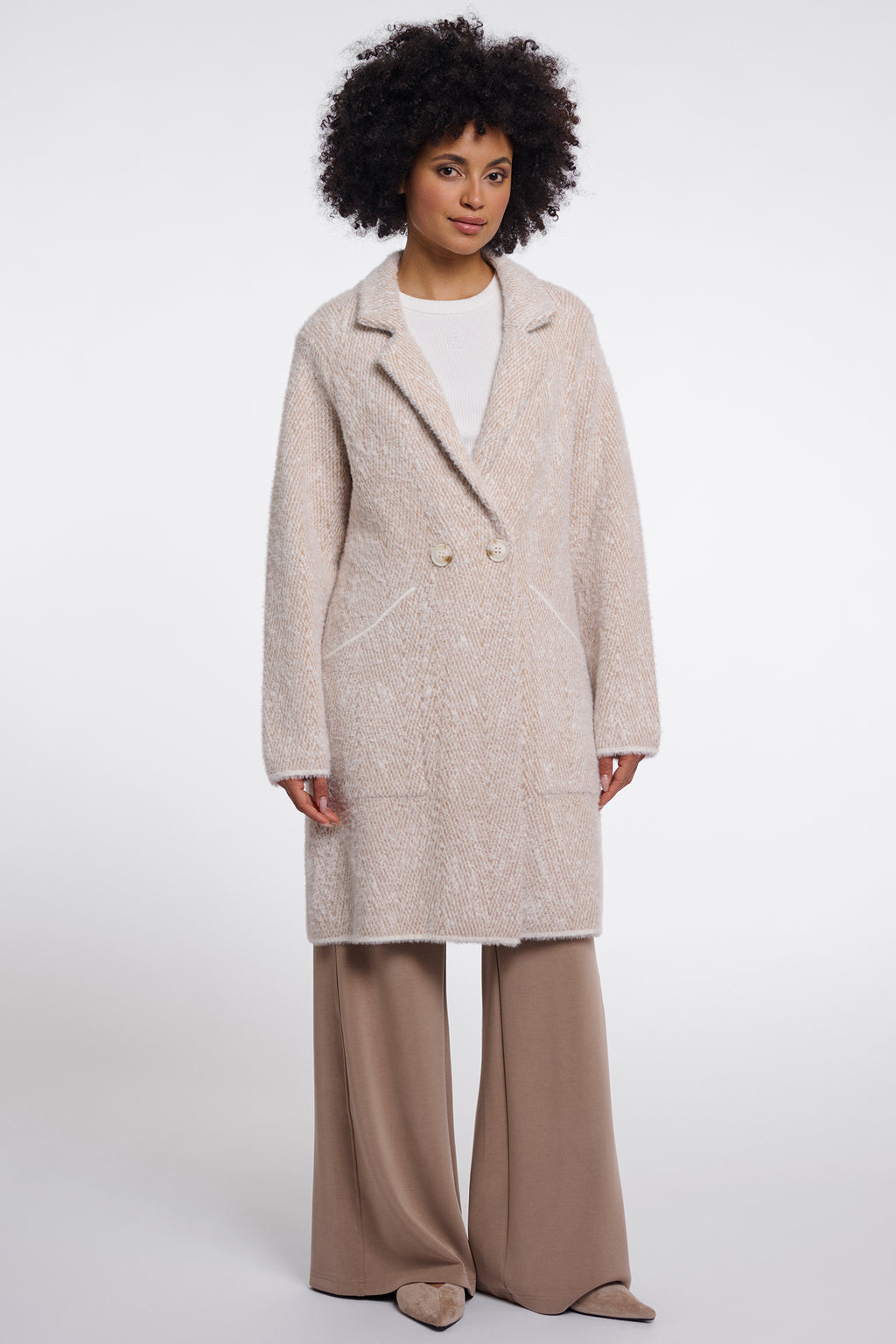 Rino and Pelle Madina beige herringbone long coat at OSO Boutique