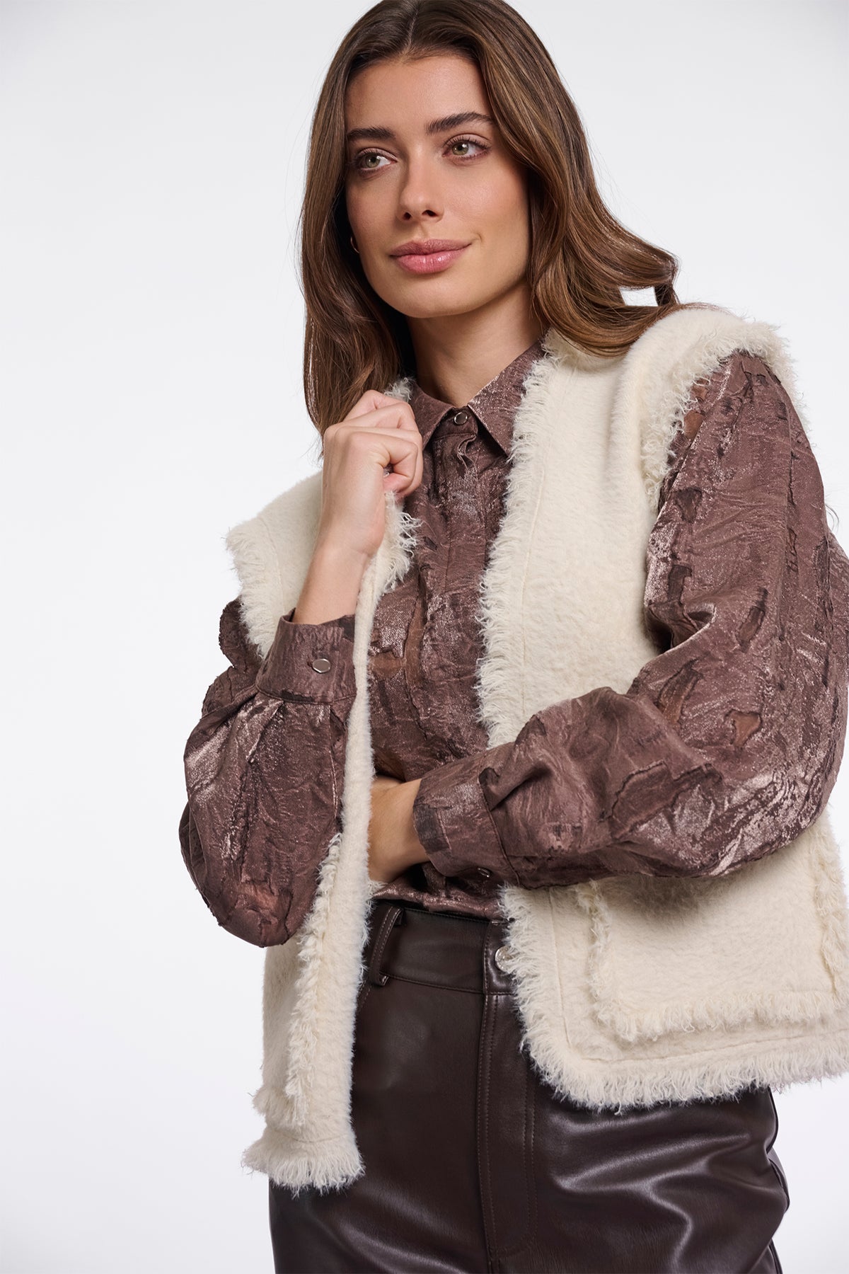 Rino & Pelle Vita Birch Stone Beige Fringe Detail Waistcoat Cardigan, close view