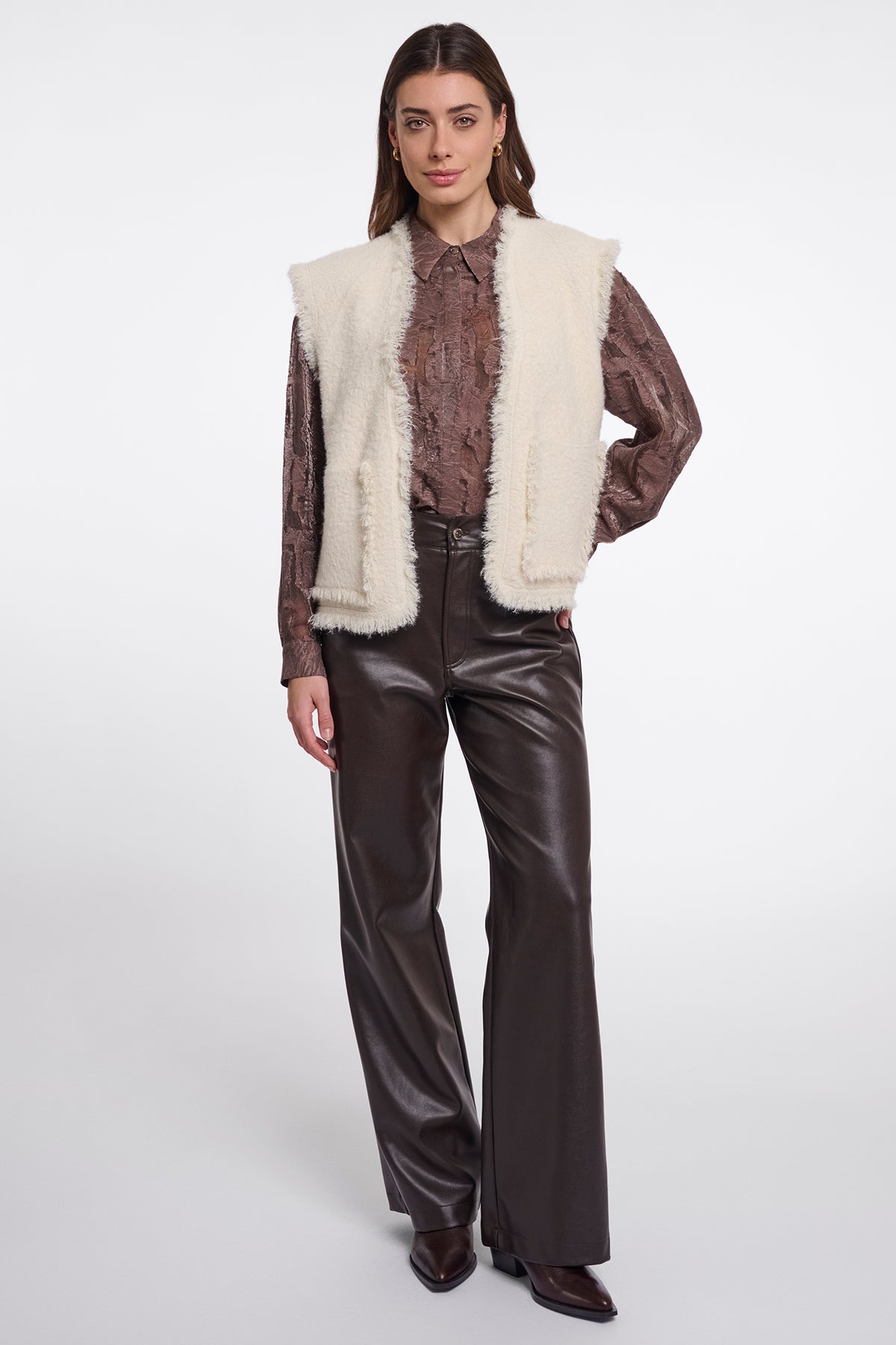 Rino & Pelle Vita Birch Stone Beige Fringe Detail Waistcoat Cardigan, full length
