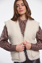 Rino & Pelle Vita Birch Stone Beige Fringe Detail Waistcoat Cardigan, front fastening detail