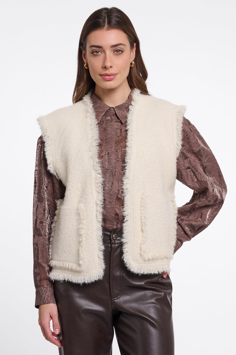 Rino & Pelle Vita Birch Stone Beige Fringe Detail Waistcoat Cardigan, front view