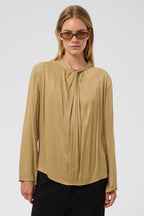 Soaked SLNadeya Fennel Seed Beige Tie Neck Long Sleeve Blouse 30409562-170929, front view