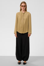 Soaked SLNadeya Fennel Seed Beige Tie Neck Long Sleeve Blouse 30409562-170929, full length front view