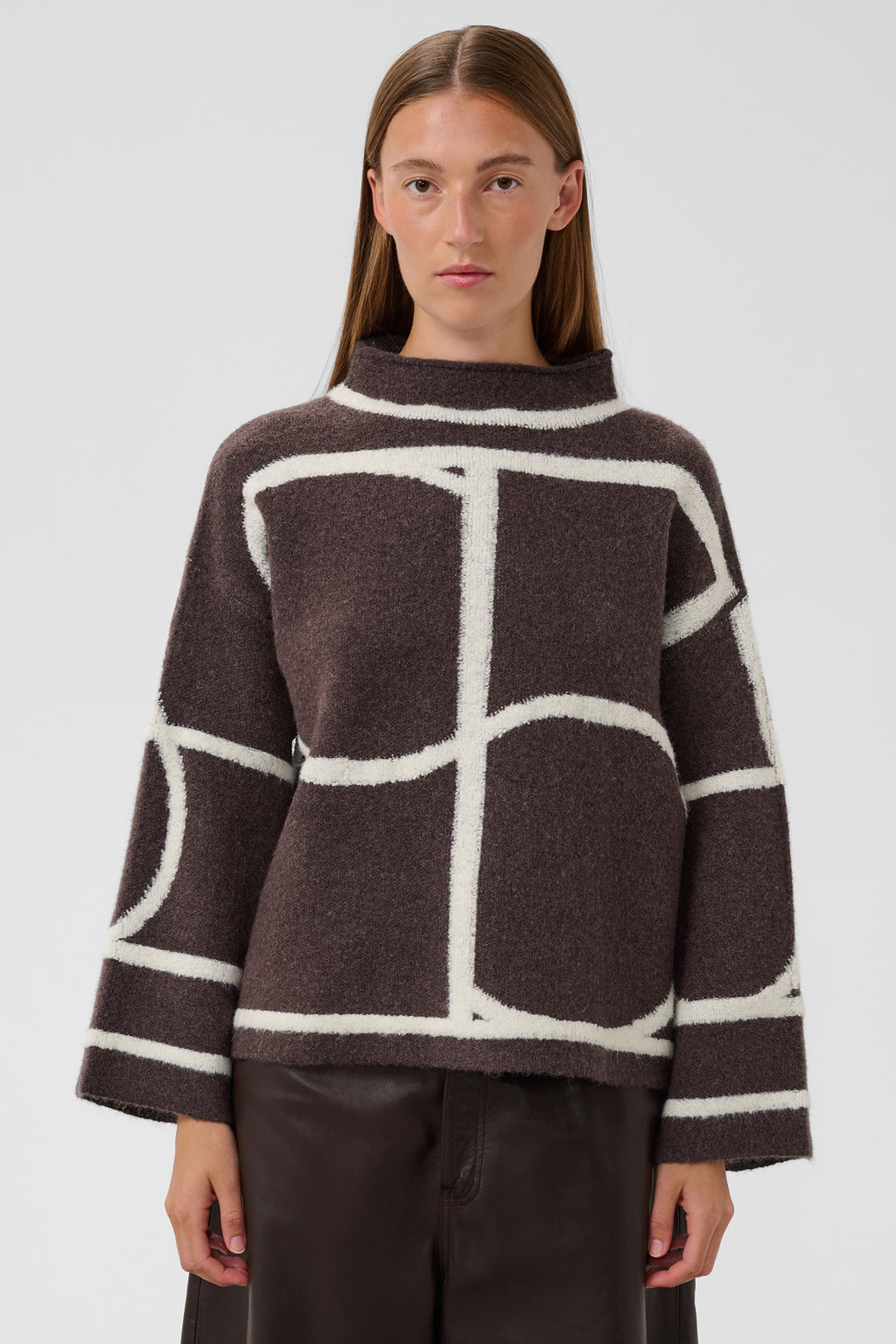 Soaked SLSorea Winetasting Melange Monogram Brown Funnel Neck Pullover Jumper 30408778-305527, front view