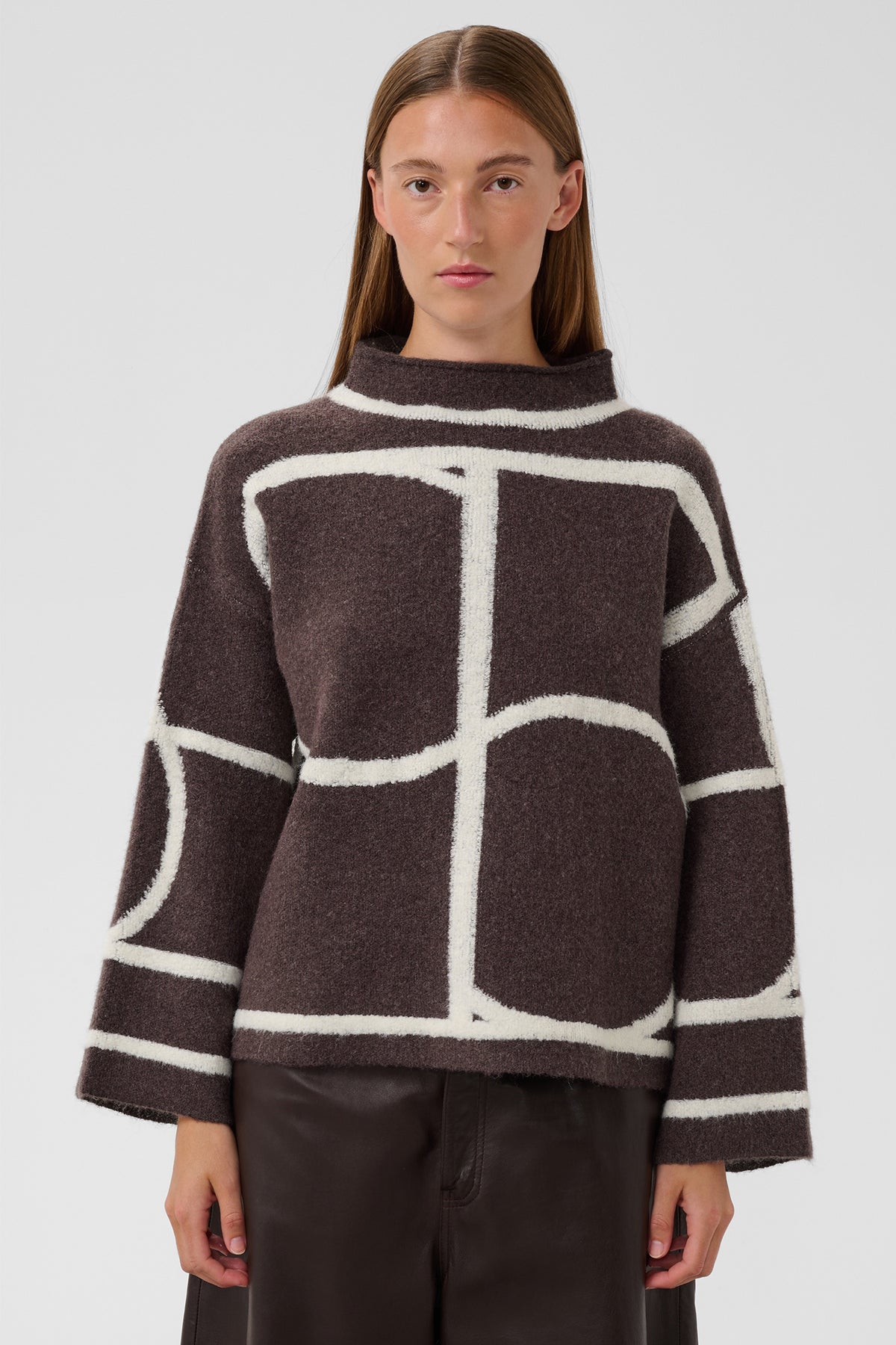 Soaked SLSorea Winetasting Melange Monogram Brown Funnel Neck Pullover Jumper 30408778-305527, front view