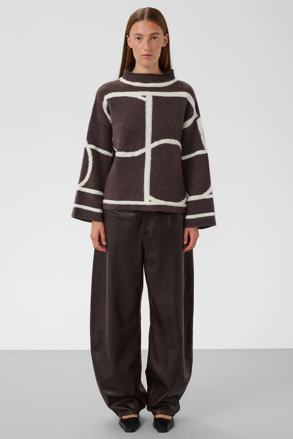 Soaked SLSorea Winetasting Melange Monogram Brown Funnel Neck Pullover Jumper 30408778-305527, full length front view