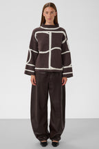 Soaked SLSorea Winetasting Melange Monogram Brown Funnel Neck Pullover Jumper 30408778-305527, full length front view