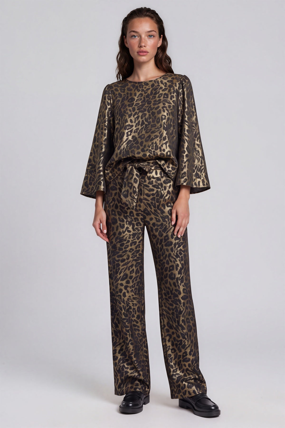 Traffic People Black Leopard Print Top, front view on model