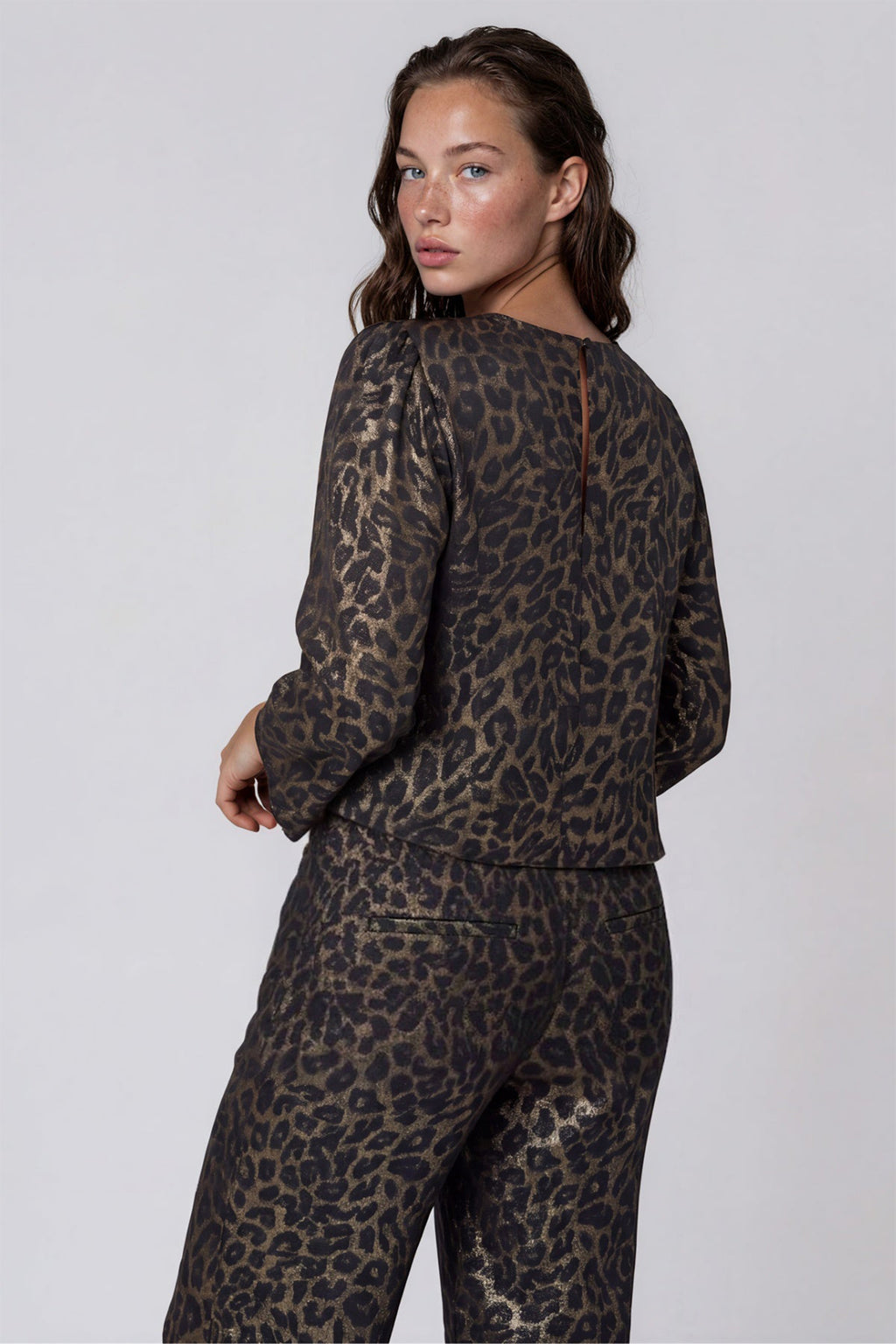 Traffic People Black Leopard Print Top, back view on model