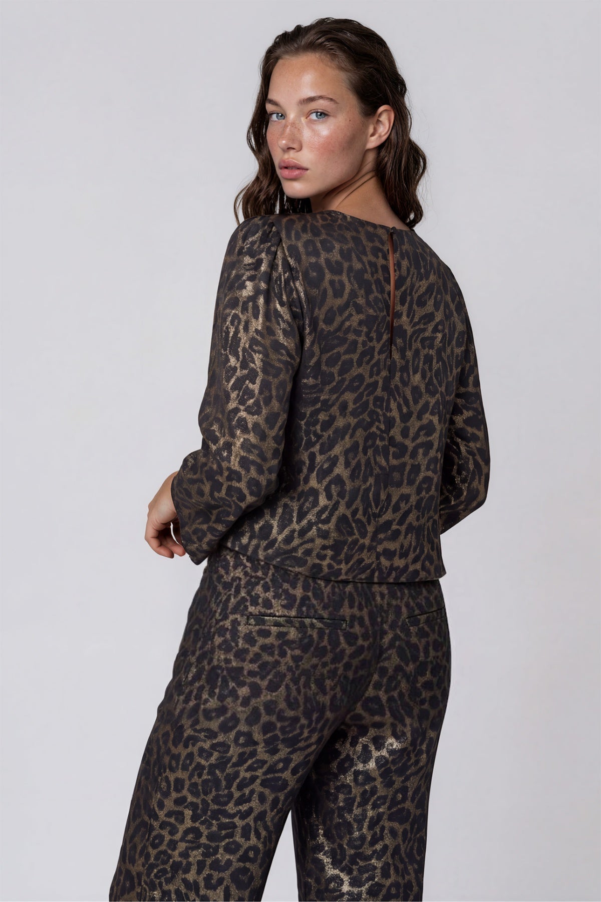 Traffic People Black Leopard Print Top, back view on model