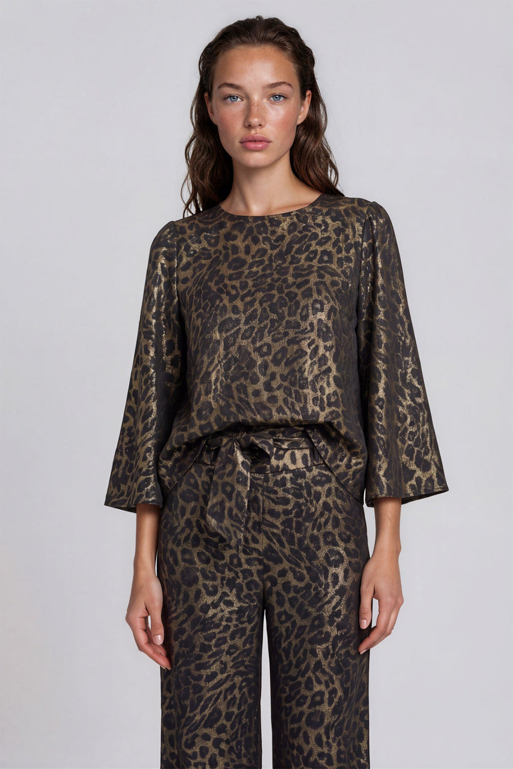 Traffic People Black Leopard Print Top, close-up front view