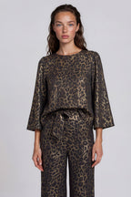 Traffic People Black Leopard Print Top, close-up front view