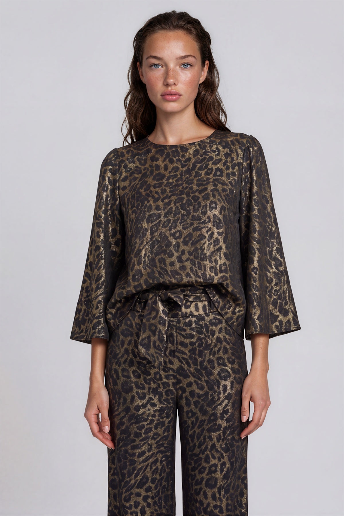 Traffic People Black Leopard Print Top, close-up front view