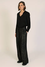 Traffic People Tallulah Black Leopard Print Wide Leg Trousers, front view on model