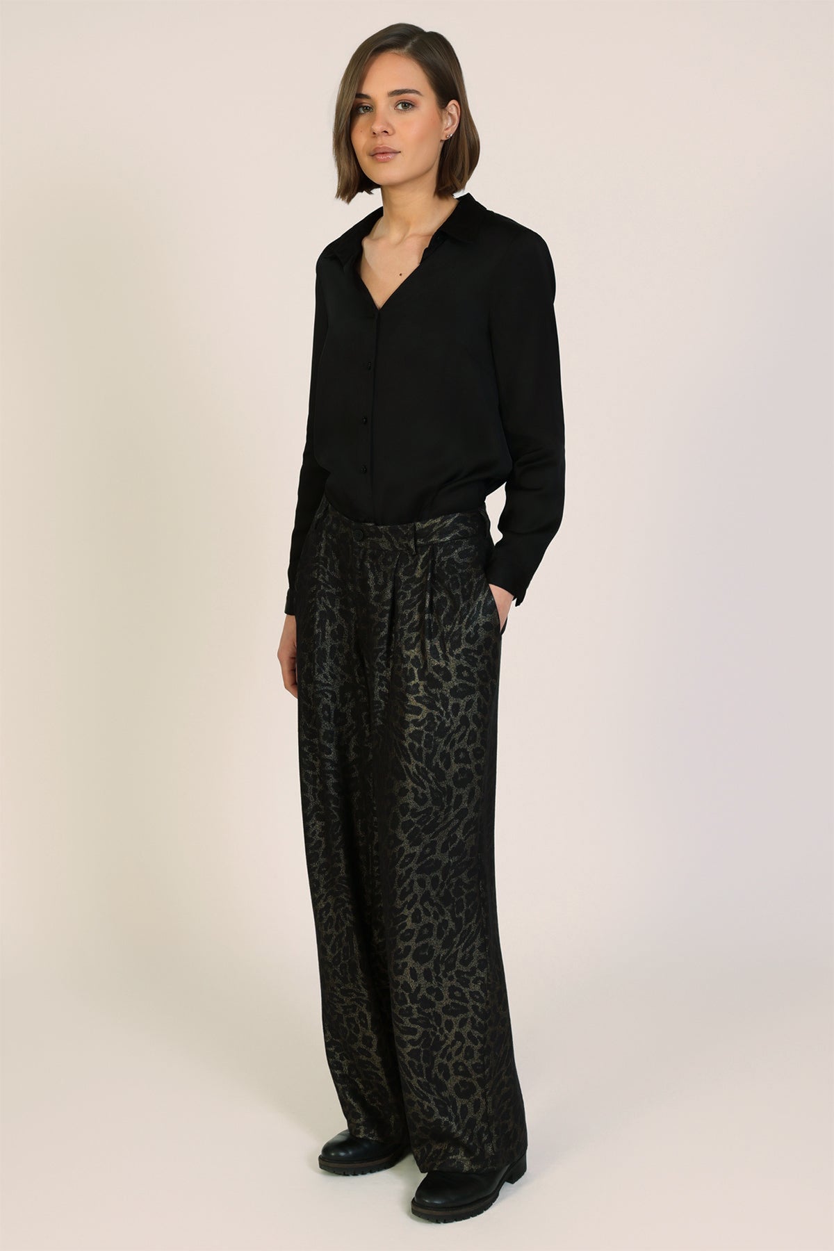 Traffic People Tallulah Black Leopard Print Wide Leg Trousers, front view on model