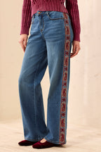 Tribal Audrey Embroidered French Blue Wide Leg Jeans 6339O-5229, front view