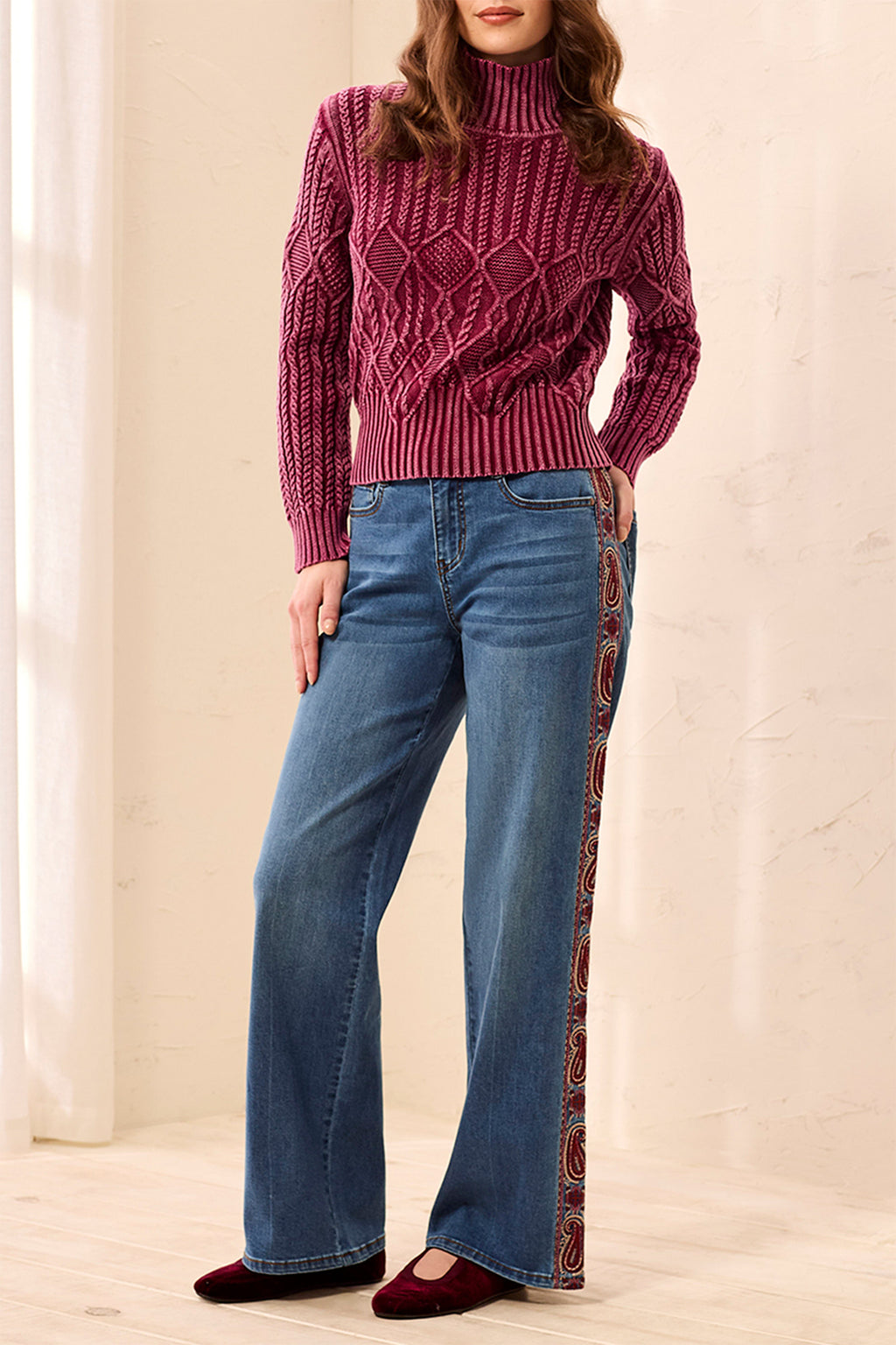 Tribal Audrey Embroidered French Blue Wide Leg Jeans 6339O-5229, full length view
