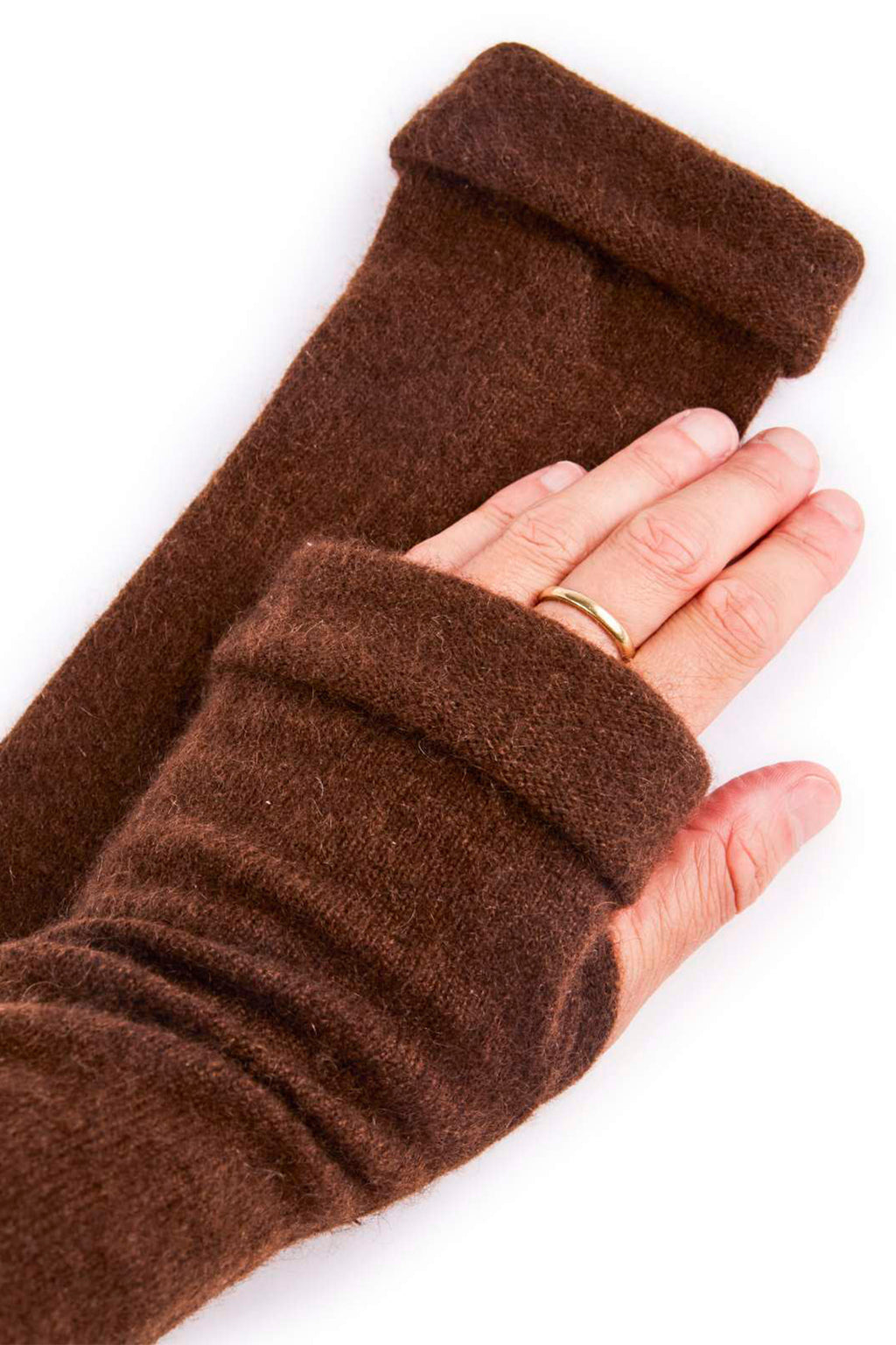 Turtle Doves Brown Cashmere Fingerless Gloves, worn on hands, palm view