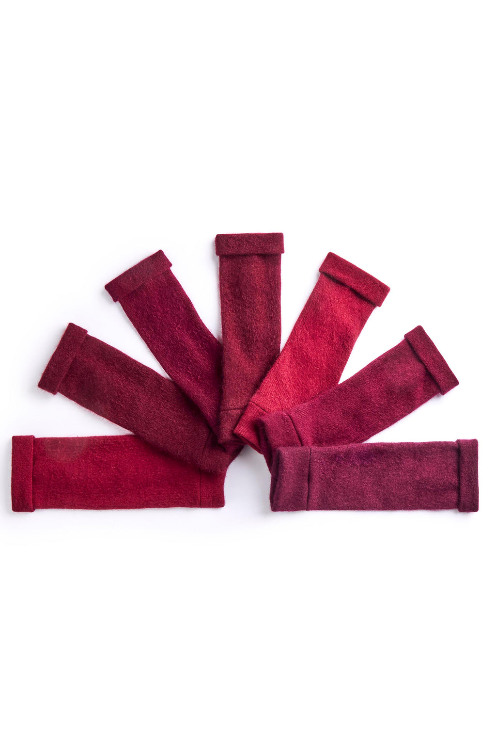 Turtle Doves Burgundy Red Cashmere Fingerless Gloves, flat lay