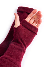 Turtle Doves Burgundy Red Cashmere Fingerless Gloves, worn on hands, palm view
