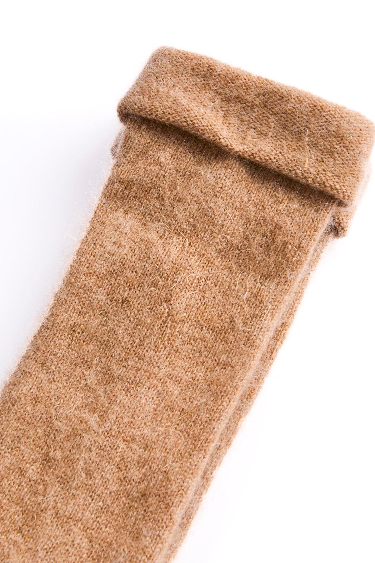 Turtle Doves Camel Brown Cashmere Fingerless Gloves, single glove with turned cuff