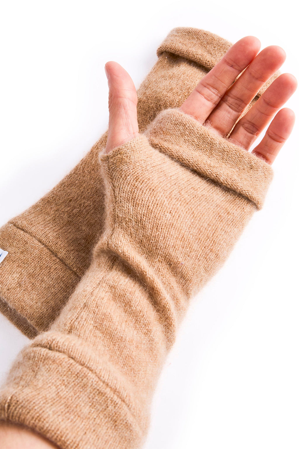 Turtle Doves Camel Brown Cashmere Fingerless Gloves, worn on hand, palm view
